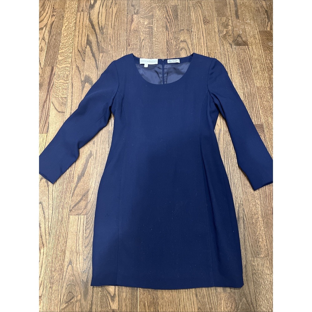 Oronero Navy Blue Virgin Wool Sheath Dress Made in Italy Long Sleeve Size 4/S